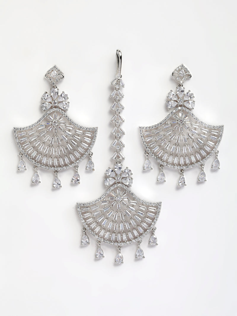 Silver Plated White Round American Diamond-Studded Maang Tikka And Earrings Set