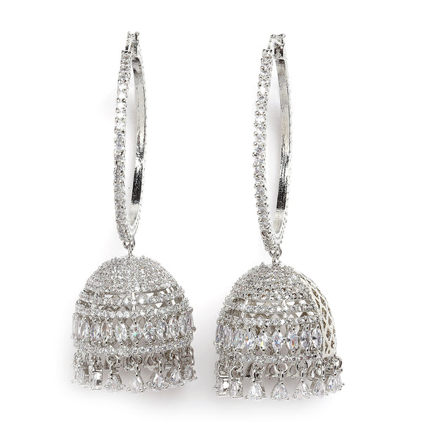 Rhodium-Plated with Silver-Tone Dome Shaped American Diamond Jhumkas Earrings