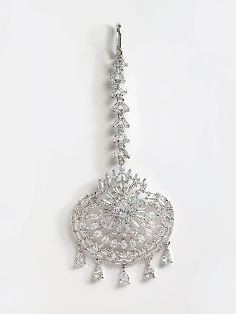 Chandbali Styled Design Rhodium-Plated with Silver-Toned White American Diamond-Studded Maang Tikka And Earrings Set