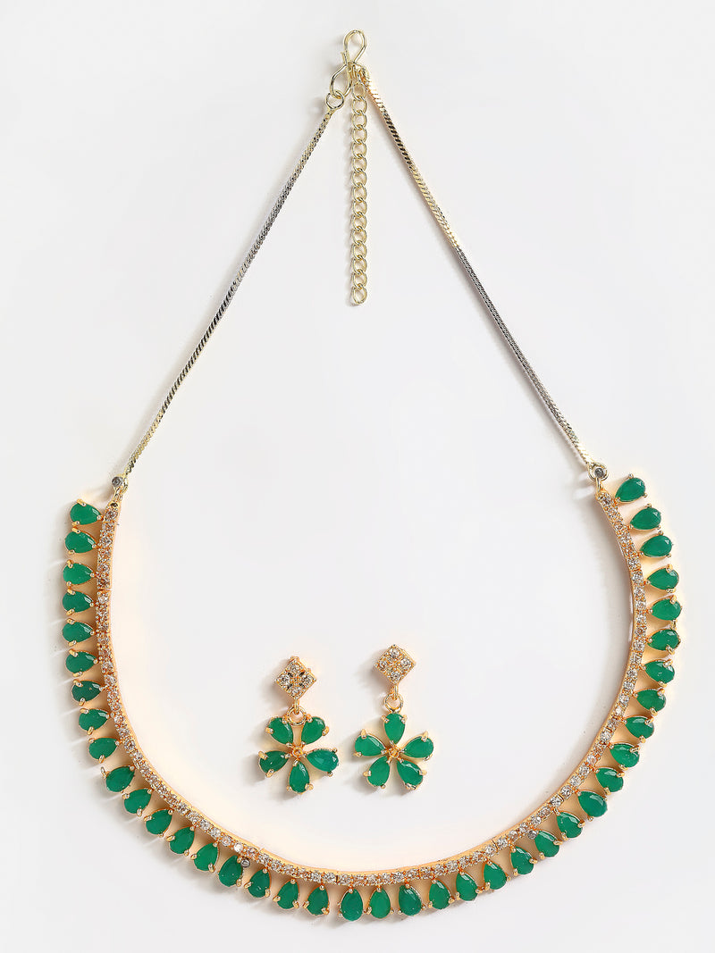 Floral Shaped Gold-Plated Green American Diamond Studded Necklace Set with Earrings