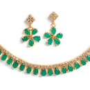 Floral Shaped Gold-Plated Green American Diamond Studded Necklace Set with Earrings