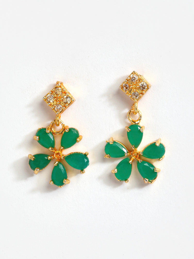 Floral Shaped Gold-Plated Green American Diamond Studded Necklace Set with Earrings