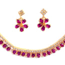 Floral Shaped Gold-Plated Pink American Diamond Studded Necklace Set with Earrings