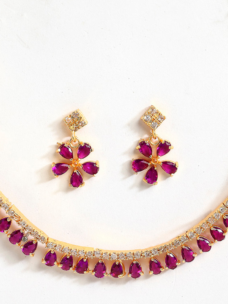 Floral Shaped Gold-Plated Pink American Diamond Studded Necklace Set with Earrings