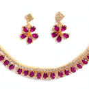 Floral Shaped Gold-Plated Pink American Diamond Studded Necklace Set with Earrings