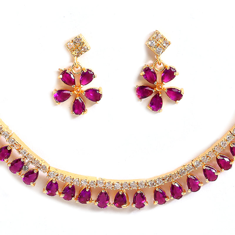 Floral Shaped Gold-Plated Pink American Diamond Studded Necklace Set with Earrings