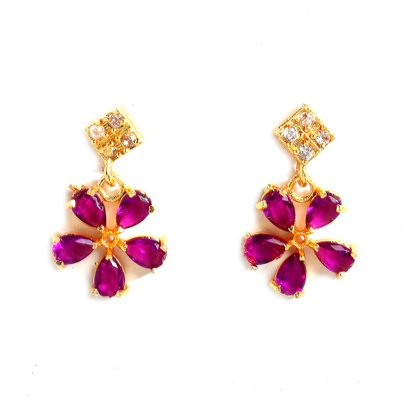 Floral Shaped Gold-Plated Pink American Diamond Studded Necklace Set with Earrings