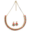 Floral Shaped Gold-Plated Red & Green American Diamond-Studded Necklace Set with Earrings