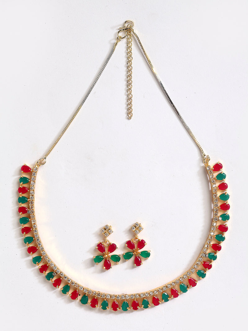 Floral Shaped Gold-Plated Red & Green American Diamond-Studded Necklace Set with Earrings