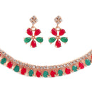 Floral Shaped Gold-Plated Red & Green American Diamond-Studded Necklace Set with Earrings