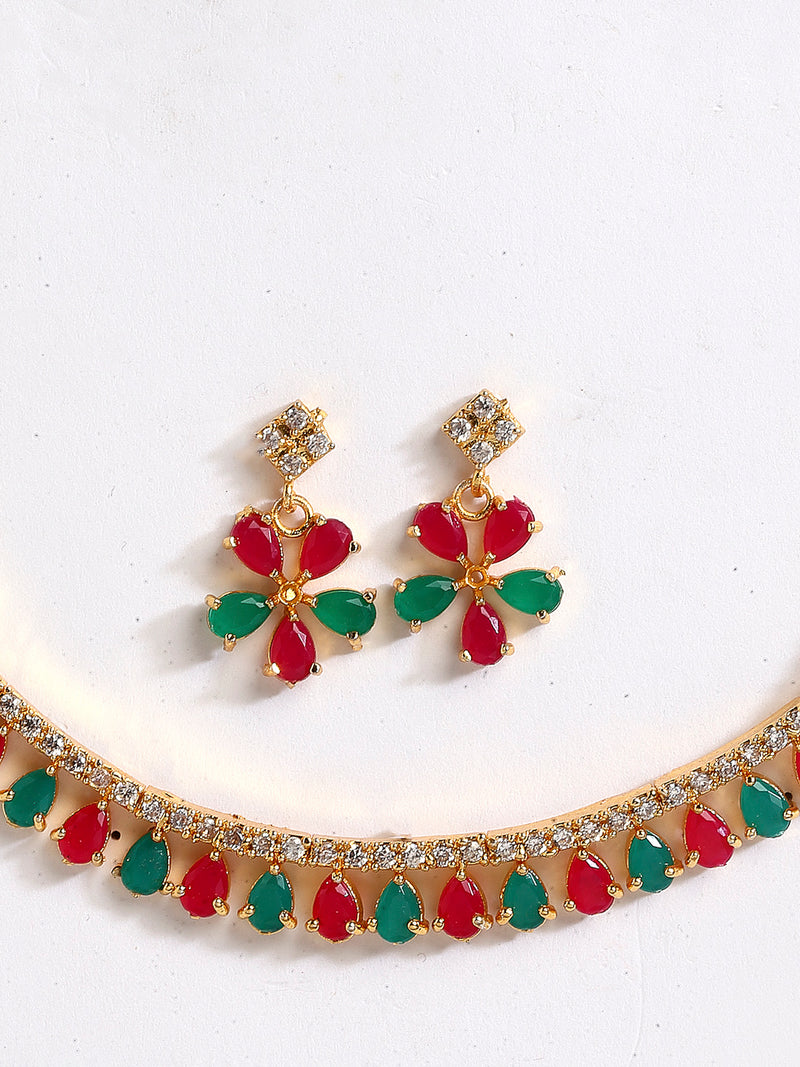 Floral Shaped Gold-Plated Red & Green American Diamond-Studded Necklace Set with Earrings