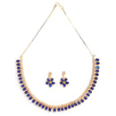 Floral Shaped Gold-Plated Navy Blue American Diamond Studded  Jewellery Set with Earrings