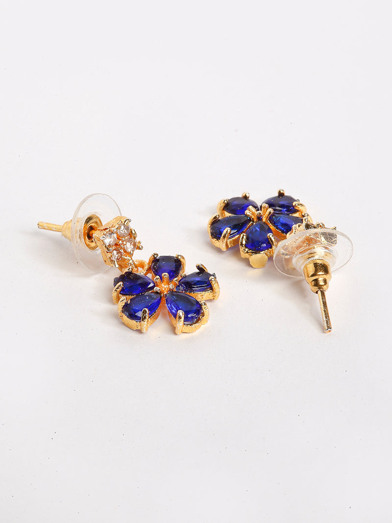 Floral Shaped Gold-Plated Navy Blue American Diamond Studded  Jewellery Set with Earrings