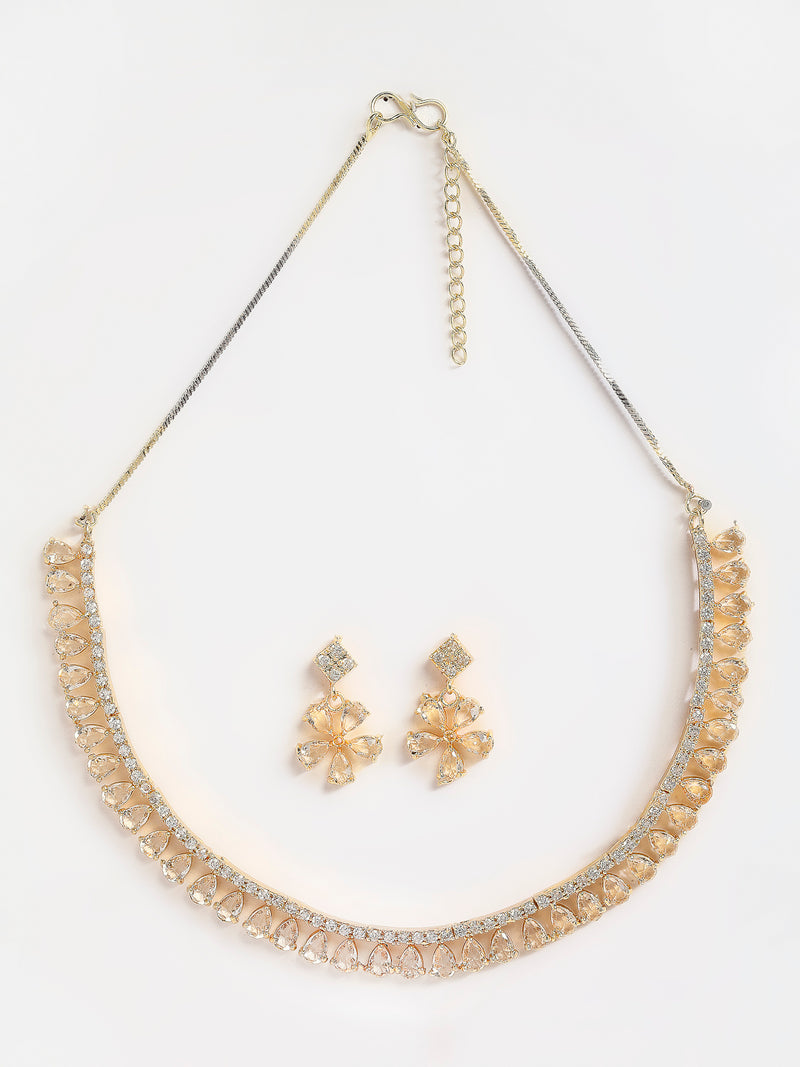 Floral Shaped Gold-Plated White American Diamond-Studded Necklace Set with Earrings