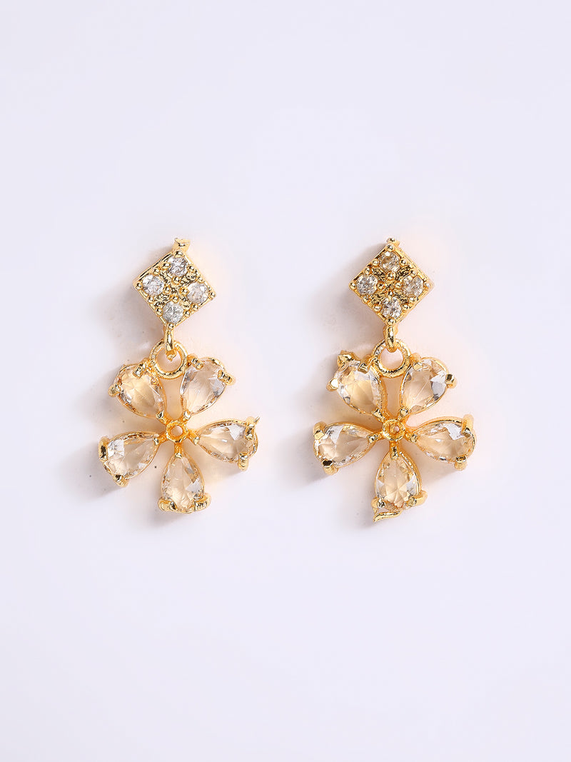Floral Shaped Gold-Plated White American Diamond-Studded Necklace Set with Earrings