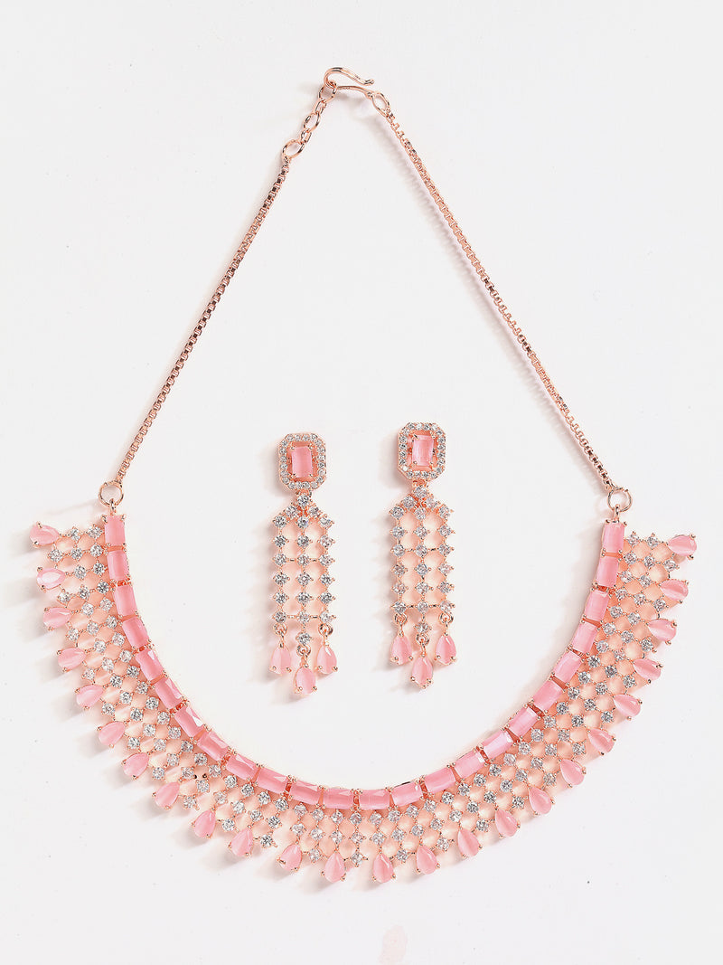 Rose Gold-Plated Pink & White AD-Studded Contemporary Jewellery Set