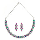 Rhodium-Plated with Silver-Tone Pink Blue White & Green American Diamond Studded Jewellery Set