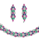 Rhodium-Plated with Silver-Tone Pink Blue White & Green American Diamond Studded Jewellery Set