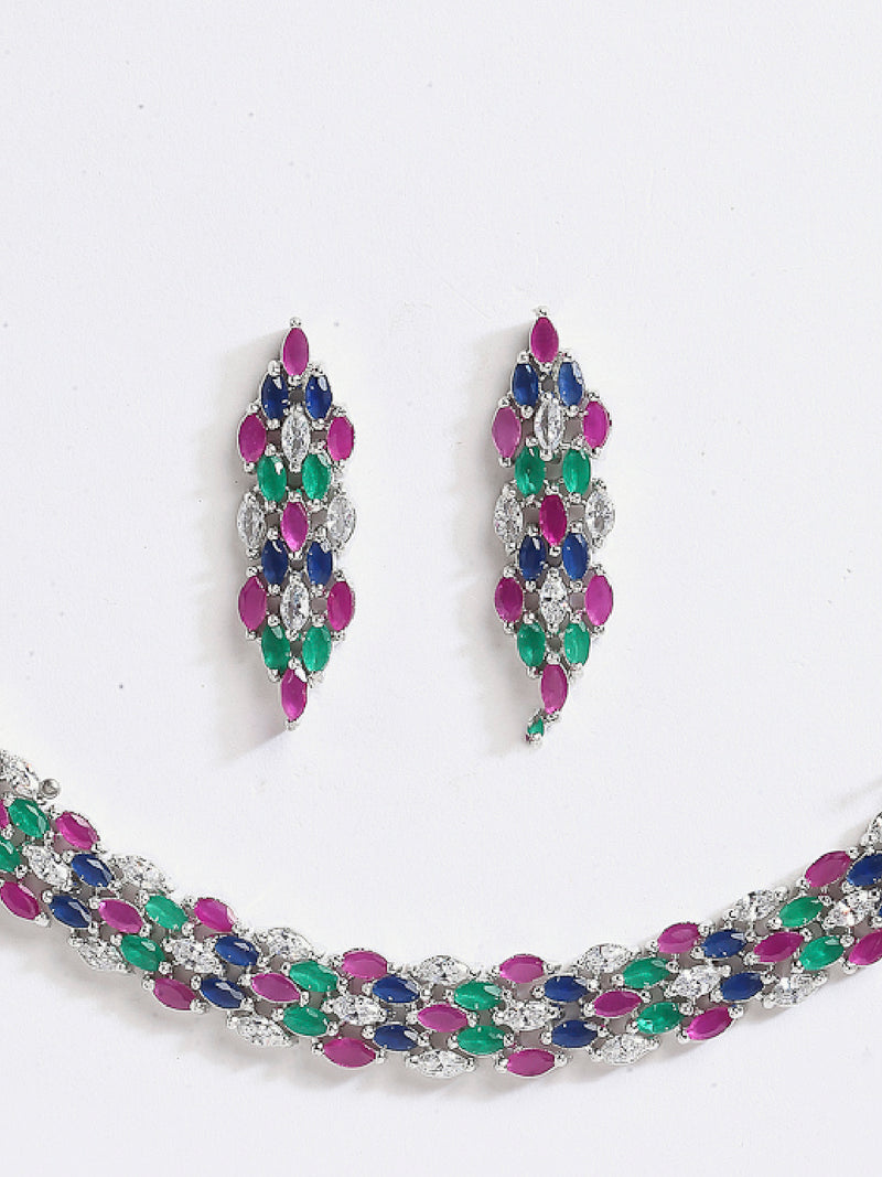 Rhodium-Plated with Silver-Tone Pink Blue White & Green American Diamond Studded Jewellery Set