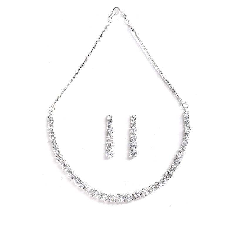 Rhodium-Plated with Silver-Tone White American Diamond Stone Studded Jewellery Set
