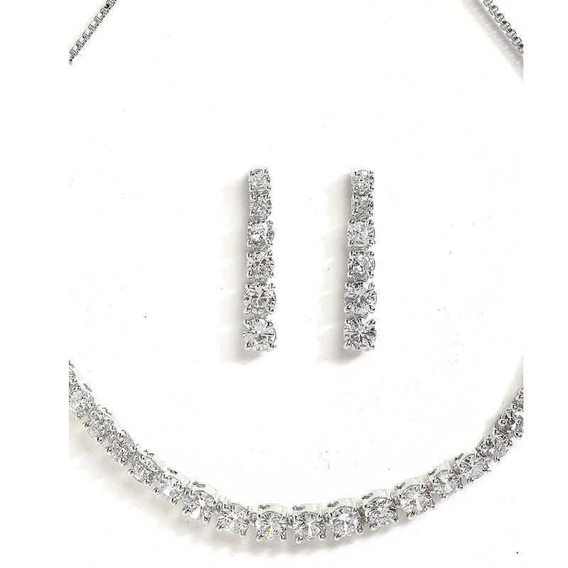 Rhodium-Plated with Silver-Tone White American Diamond Stone Studded Jewellery Set