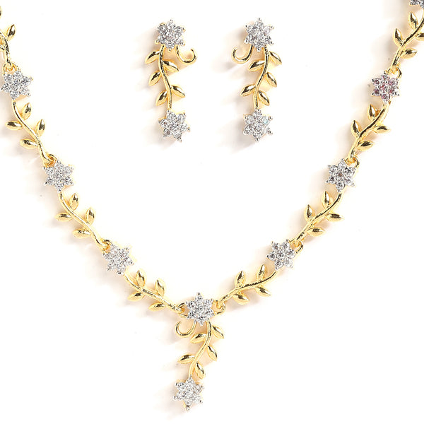 Leafy Design Gold-Plated with Silver-Tone White American Diamond Studded JNecklace with Earrings