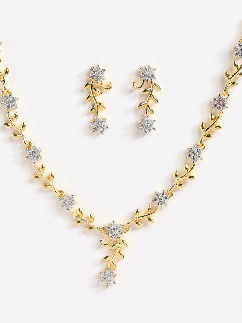 Leafy Design Gold-Plated with Silver-Tone White American Diamond Studded JNecklace with Earrings