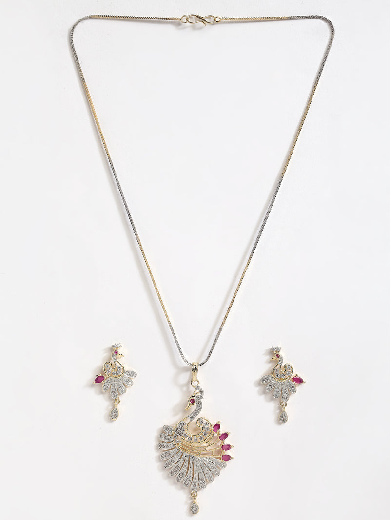Peacock Design Pink Gold-Plated White Cubic Zirconia Stone Studded Peacock Pendant Set