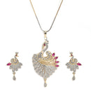 Gold-Plated Peacock Pink & White Cubic Zirconia Stone Studded Pendant Set