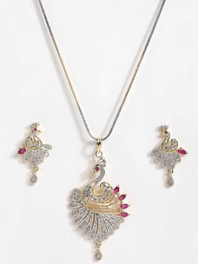 Peacock Design Pink Gold-Plated White Cubic Zirconia Stone Studded Peacock Pendant Set