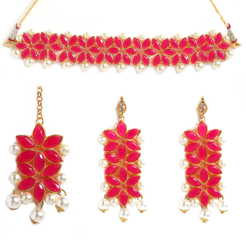 Red & White Kundan Studded Flower Shaped Gold-Plated Choker Necklace With Earrings & Maang Tika