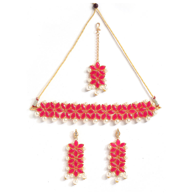Red & White Kundan Studded Flower Shaped Gold-Plated Choker Necklace With Earrings & Maang Tika