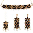 Black & White Stone Studded & Beaded Flower Shaped Gold-Plated Choker Necklace With Earrings & Maang Tika