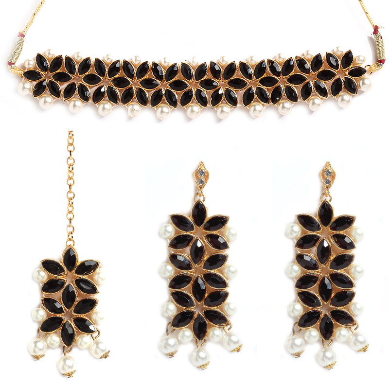 Black & White Stone Studded & Beaded Flower Shaped Gold-Plated Choker Necklace With Earrings & Maang Tika