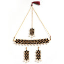 Black & White Stone Studded & Beaded Flower Shaped Gold-Plated Choker Necklace With Earrings & Maang Tika