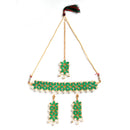 Green & White Kundan Studded Flower Shaped Gold-Plated Choker Necklace With Earrings & Maang Tika