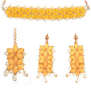 Yellow & White Stone Studded & Beaded Flower Shaped Gold-Plated Choker Bridal Necklace With Earrings & Maang Tika