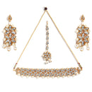Flower Shaped Gold-Plated Kundan Pearl & Crystal  Studded Necklace With Crystal Studded Earrings And Maang Tikka Antique Choker Jewellery Set
