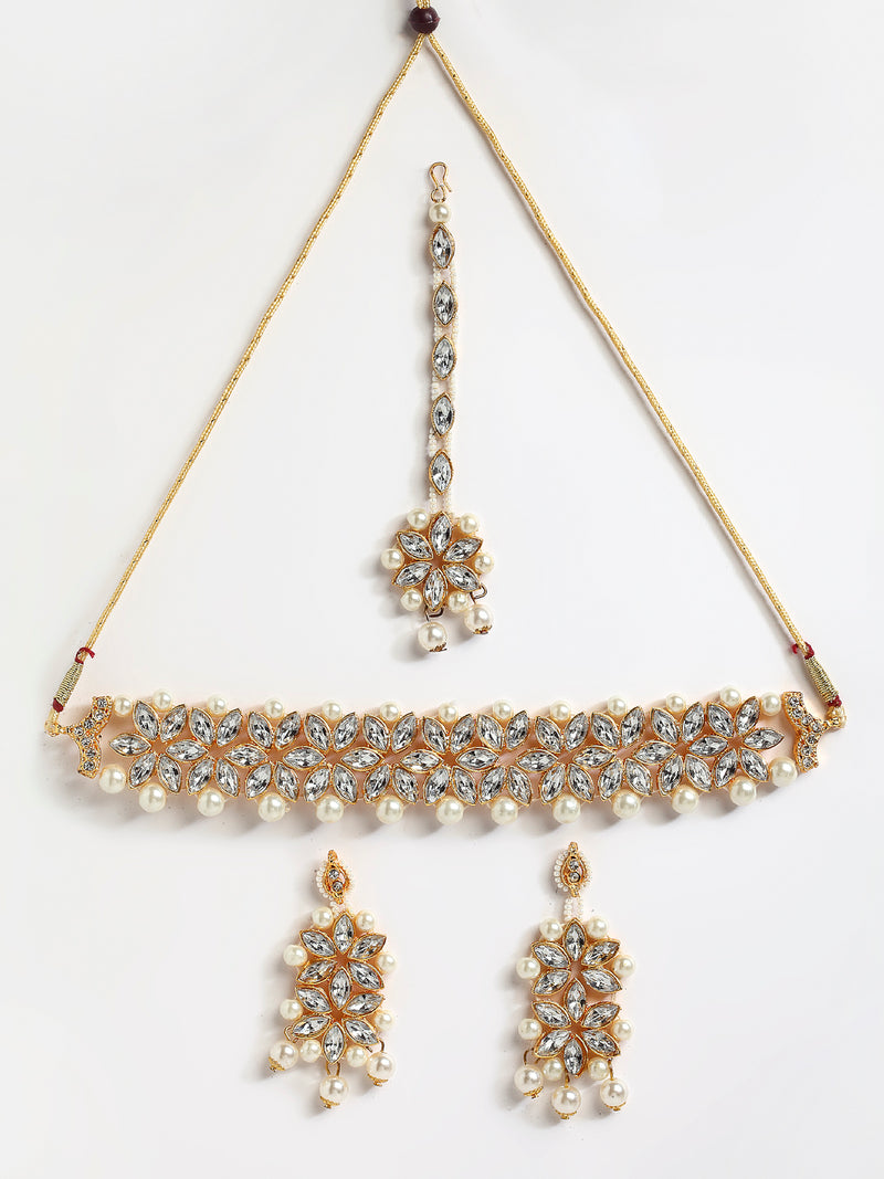 Flower Shaped Gold-Plated Kundan Pearl & Crystal  Studded Necklace With Crystal Studded Earrings And Maang Tikka Antique Choker Jewellery Set