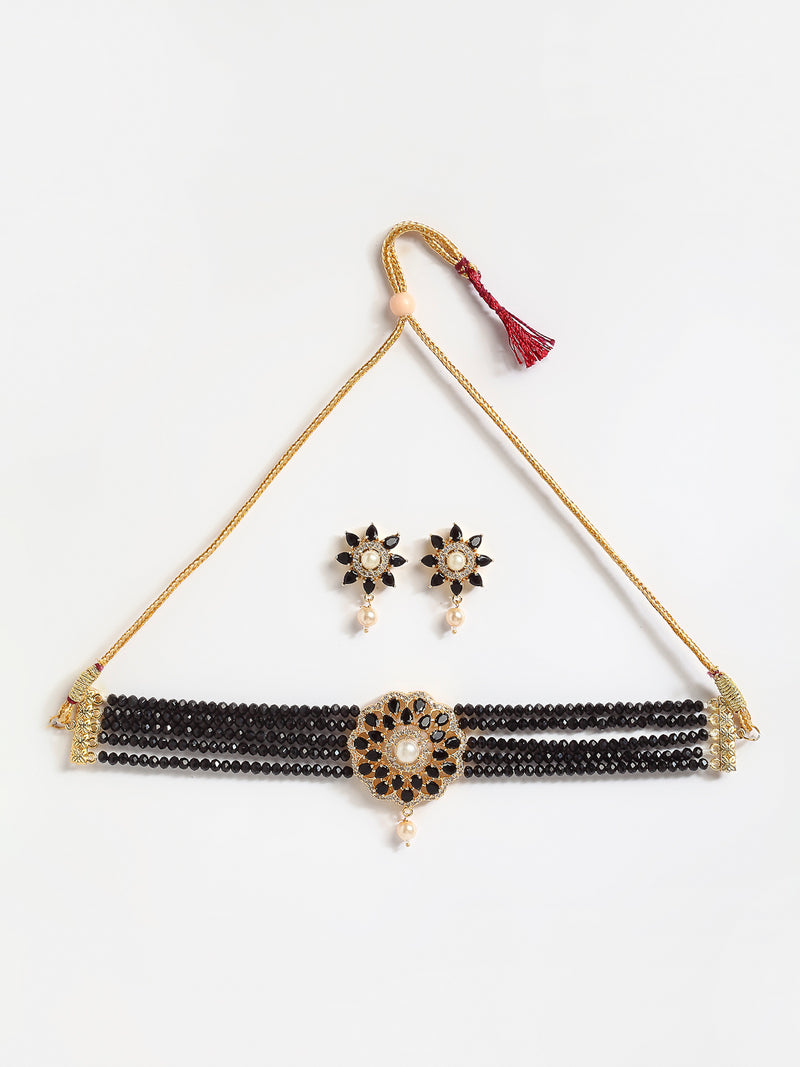 Multi-String Choker Gold-Plated Black & White AD-Studded & Beaded Jewellery Set