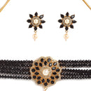 Multi-String Choker Gold-Plated Black & White AD-Studded & Beaded Jewellery Set