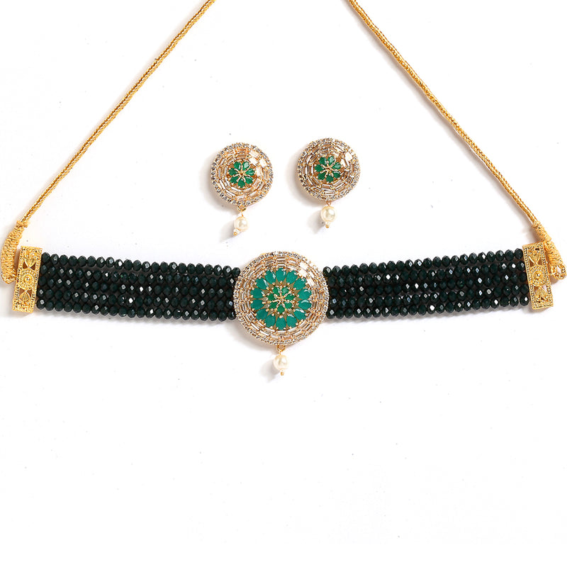 Green Multistrand Choker Gold-Plated Studded with American Diamond Jewellery Set