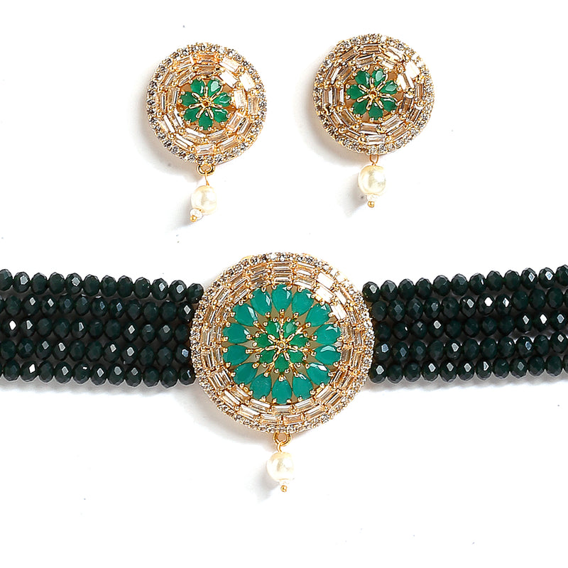 Green Multistrand Choker Gold-Plated Studded with American Diamond Jewellery Set