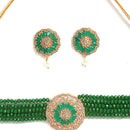 Green American Diamond Gold-Plated Studded Beaded Choker Necklace with Earring Fashion Jewellery Set