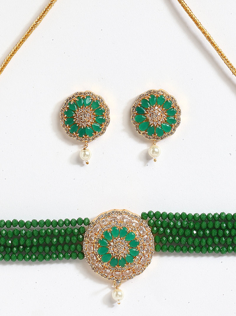 Green American Diamond Gold-Plated Studded Beaded Choker Necklace with Earring Fashion Jewellery Set