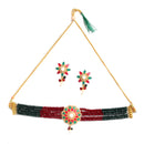 Red & Green Gold-Plated American Diamond Stone Studded & Beaded Jewellery Set