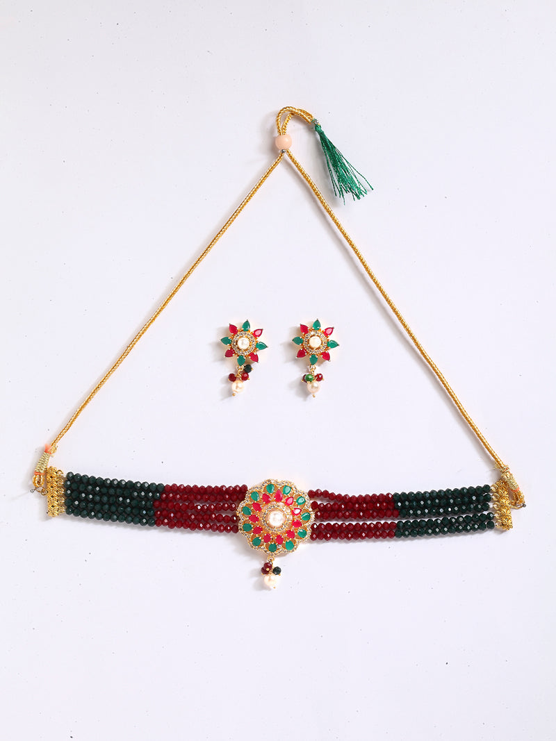 Red & Green Gold-Plated American Diamond Stone Studded & Beaded Jewellery Set
