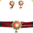 Red & Green Gold-Plated American Diamond Stone Studded & Beaded Jewellery Set