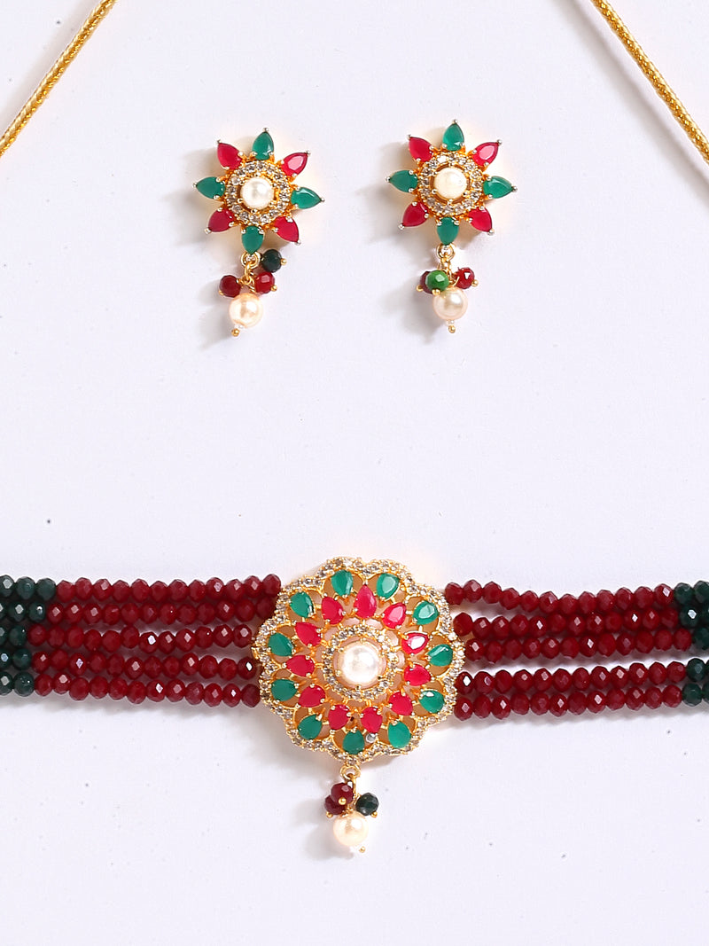 Red & Green Gold-Plated American Diamond Stone Studded & Beaded Jewellery Set