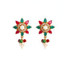 Red & Green Gold-Plated American Diamond Stone Studded & Beaded Jewellery Set